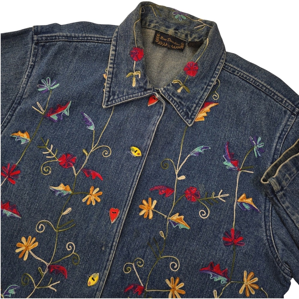 New‎ Direction Womens XL Denim Jacket Embroidered Floral Button Up Vintage